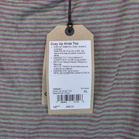 prAna Cozy Up Aires Top Womens XL Sage Brush Stripe Hemp Blend Pullover NWT - Picture 3 of 7